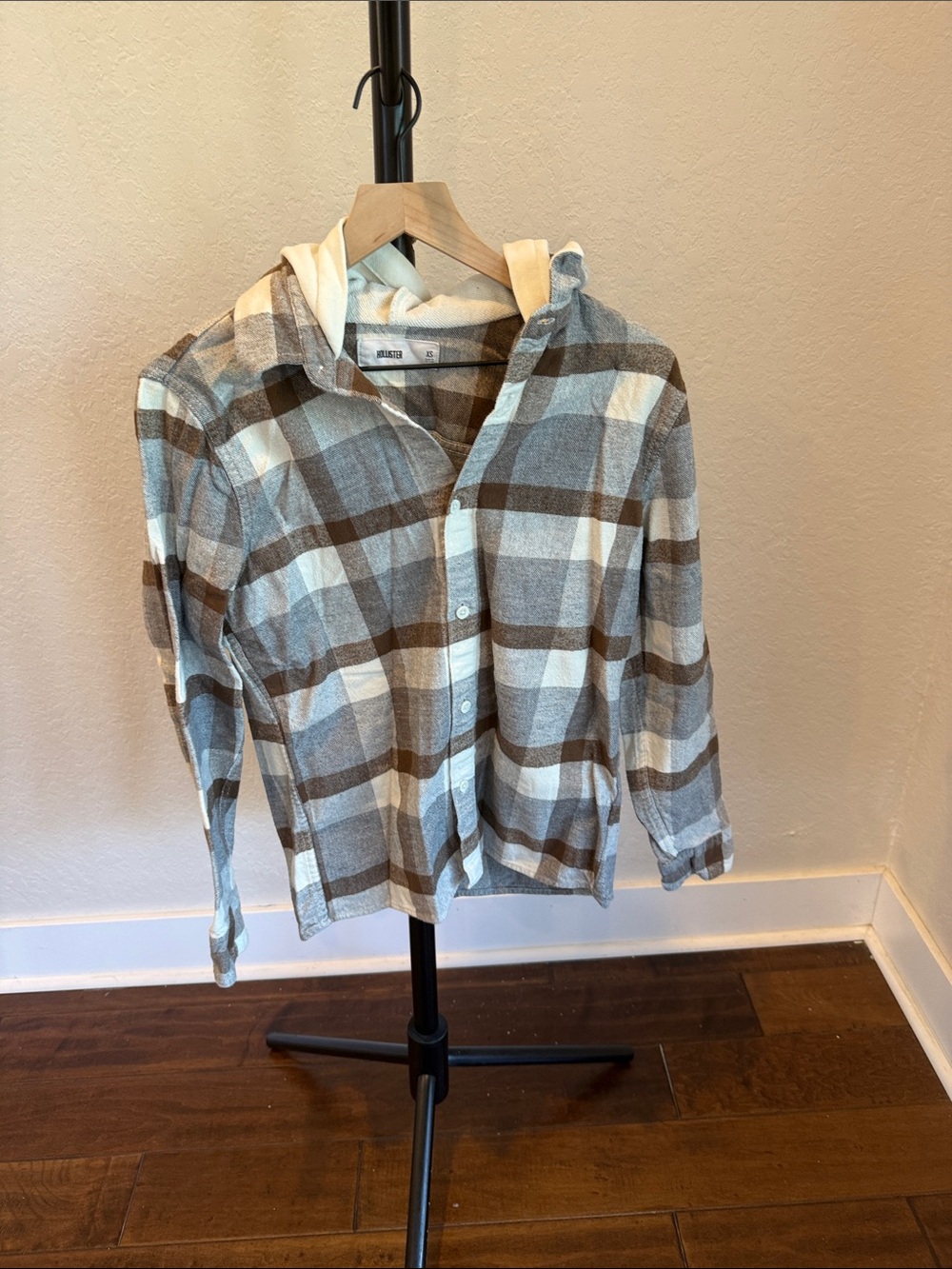 Hollister Men's Plaid Hooded Button-Up Shirt Jacket - Brown & Cream
